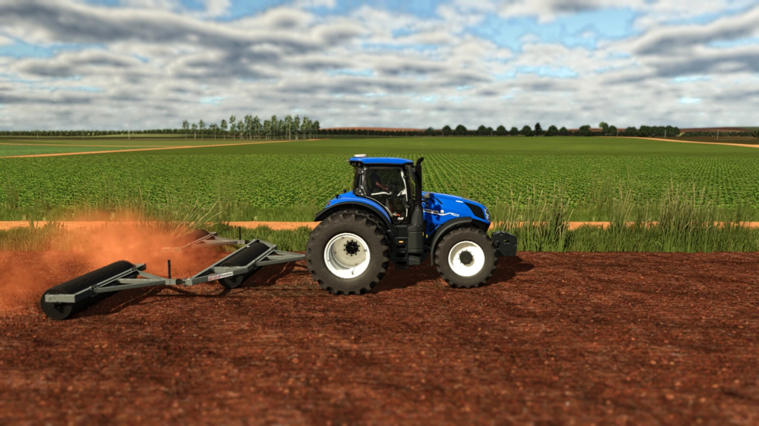Farming Simulator 25 mod: Blue tractor with Scarabelot RDS900 Clod Crusher/Compactor working on farmland.