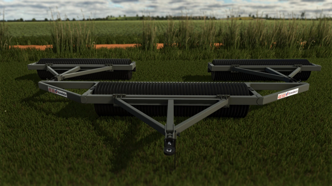 Farming Simulator 25 mod: Scarabelot RDS900 Clod Crusher/Compactor on grassy field, used for soil preparation.