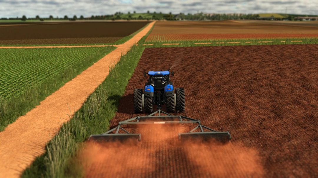 Farming Simulator 25 mod: Blue tractor with a clod crusher/compactor working on freshly tilled soil, part of FS25 mods collection.