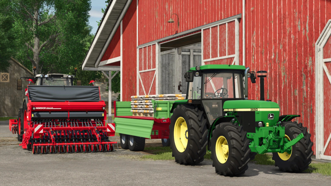 Farming Simulator 25 mods: John Deere 3650 tractor with Strautmann trailers and implements near a red barn, showcasing FS25 mods.