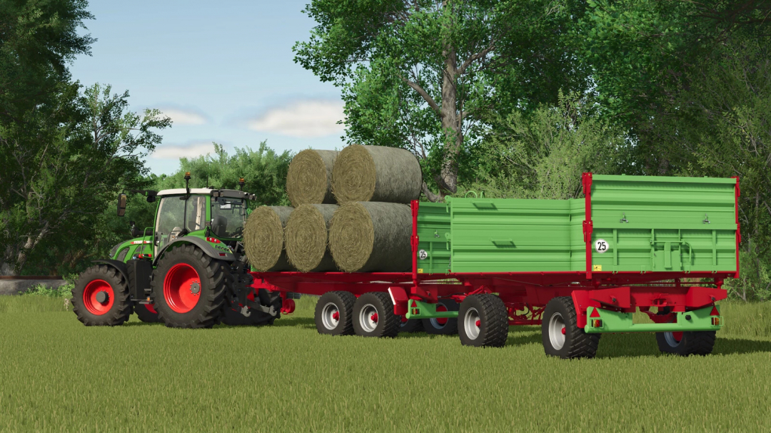 Farming Simulator 25 mod showing a tractor with a green and red trailer carrying hay bales in a field.