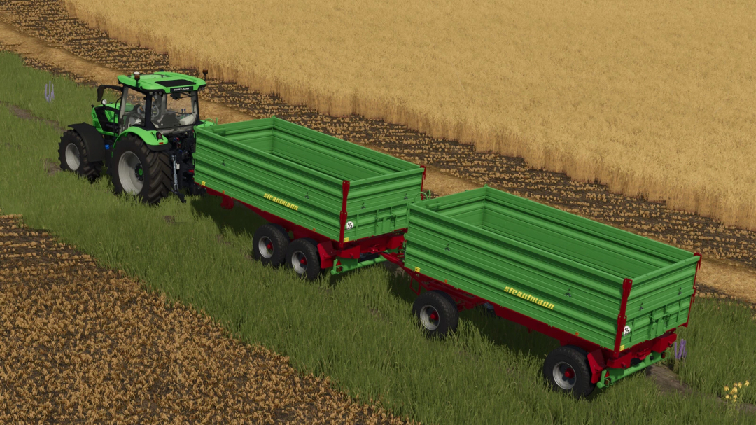 Farming Simulator 25 mod: Green Strautmann trailers attached to a tractor on a field.