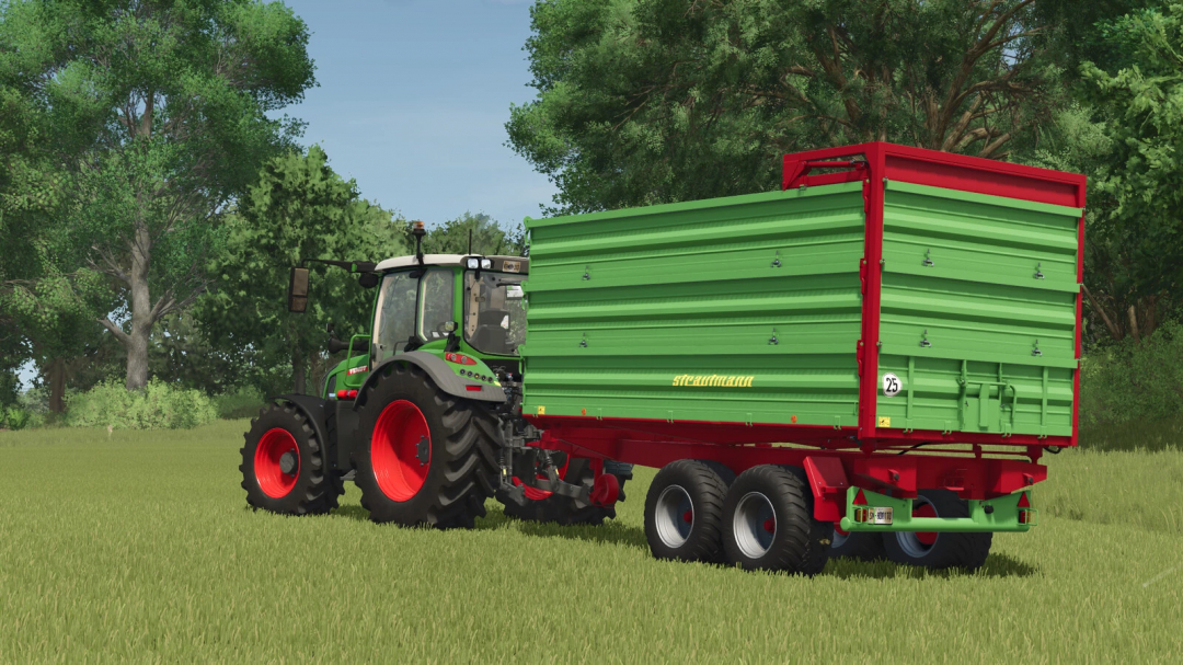 Farming Simulator 25 mod: Green and red Strautmann trailer attached to a tractor in a field, showcasing FS25 mods.