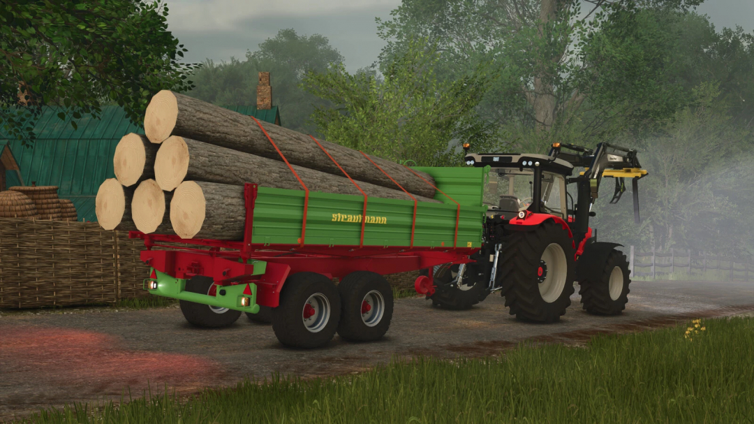 Farming Simulator 25 mod showcasing a tractor with a trailer loaded with logs, part of the FS25 mods collection.