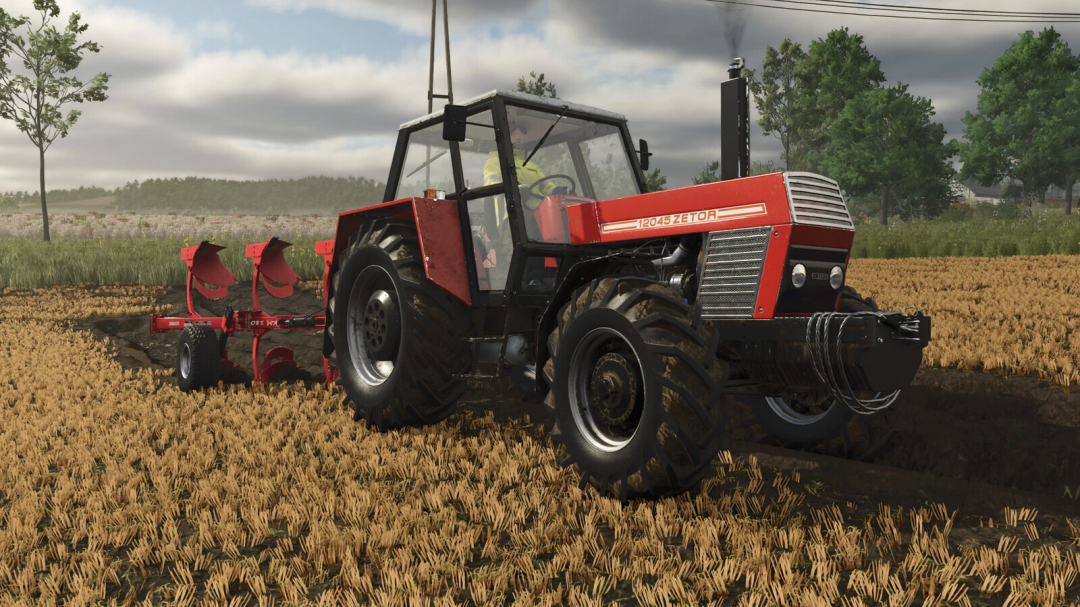 Farming Simulator 25 mod: Zetor UR2 Pack v1.0.0.0 tractor with plow attachment in a field.
