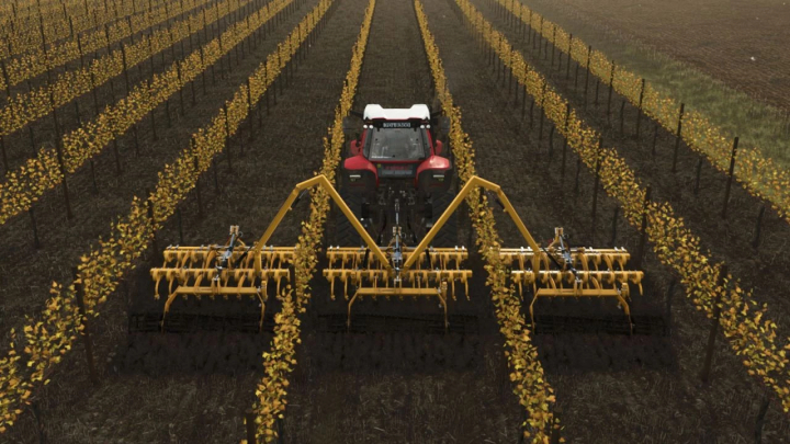fs25-mods, Farming Simulator 25 mod: Agrisem Disc O Vigne XXL v1.0.0.0 attached to a tractor in a vineyard.