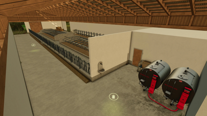 fs25-mods, Inside the Bavarian Cowshed in Farming Simulator 25, with feeding troughs, water supply, and fuel tanks for livestock.