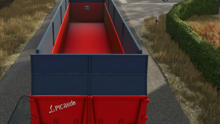 fs25-mods,  Farming Simulator 25 mod: Corne 18T / 24T pack trailer for transporting grains, featuring red and blue panels and 'La Picarde' branding.