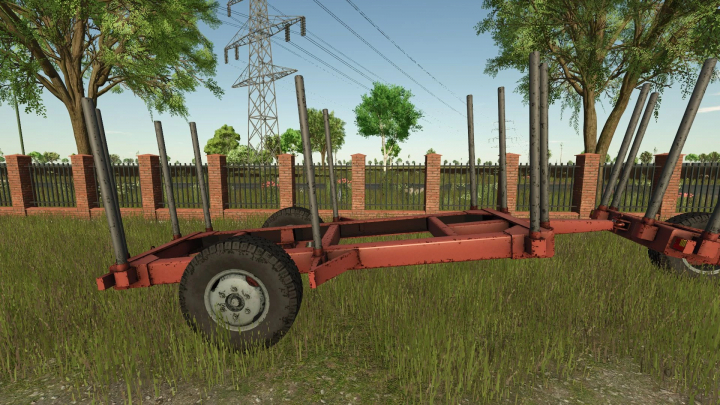 fs25-mods, Farming Simulator 25 mod: IMT wood trailer v1.0.0.0, an open trailer for transporting logs, on a grassy field with trees and power lines in the background.