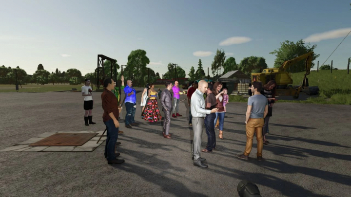 fs25-mods, Group of people standing outdoors in Farming Simulator 25, part of the Placeable People Pack mod, with construction equipment in the background.