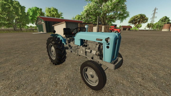fs25-mods, Rakovica 60 v1.0.0.1 mod in Farming Simulator 25, showcasing a vintage blue tractor with detailed engine and realistic farm environment.