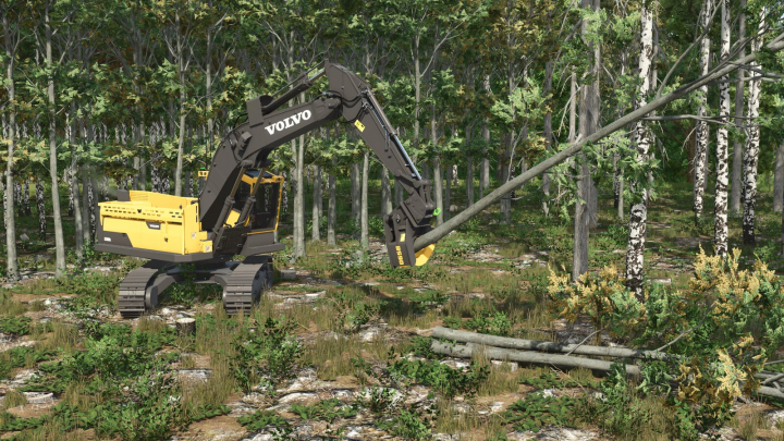 fs25-mods, Farming Simulator 25 mod: Volvo tree shears on tracked excavator harvesting tree branches in a forest.