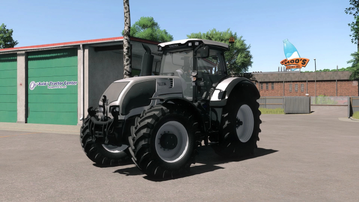 fs25-mods, Farming Simulator 25 mod: Valtra S3 Series tractor parked outside a building with Axle's Tractor Center sign.