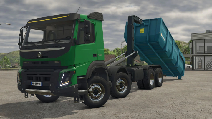 fs25-mods,  Farming Simulator 25 mod: Volvo FMX Ampiroll 8x4 truck with a blue tipping trailer, realistic design, for hauling loads in FS25.