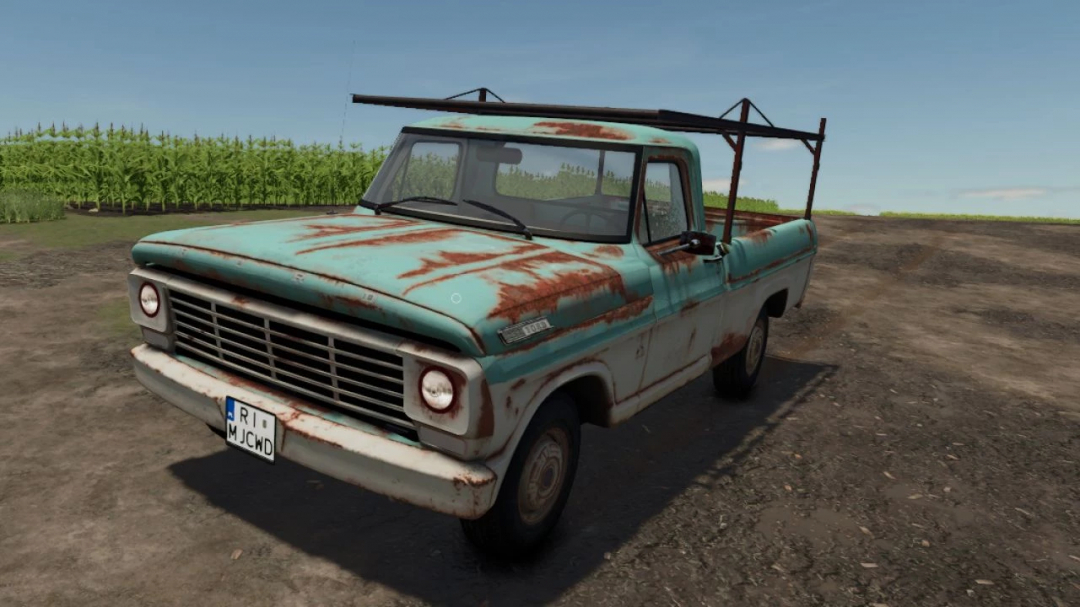 Rusty 1967 Ford Truck in Farming Simulator 25 mod, weathered vehicle with rust spots and a custom frame on a dirt field.