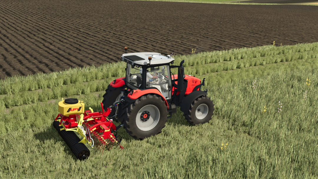 Farming Simulator 25 mod: Red tractor with APV Grassland Combi Pack v1.0.0.1 for rolling and grass maintenance.