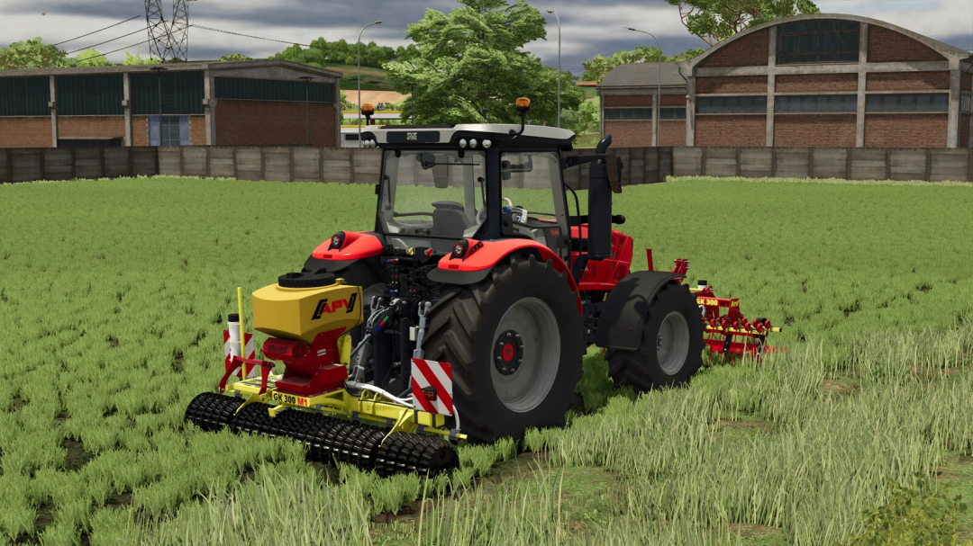 Farming Simulator 25 mod featuring a red tractor with APV Grassland Combi Pack equipment working on a lush green field.