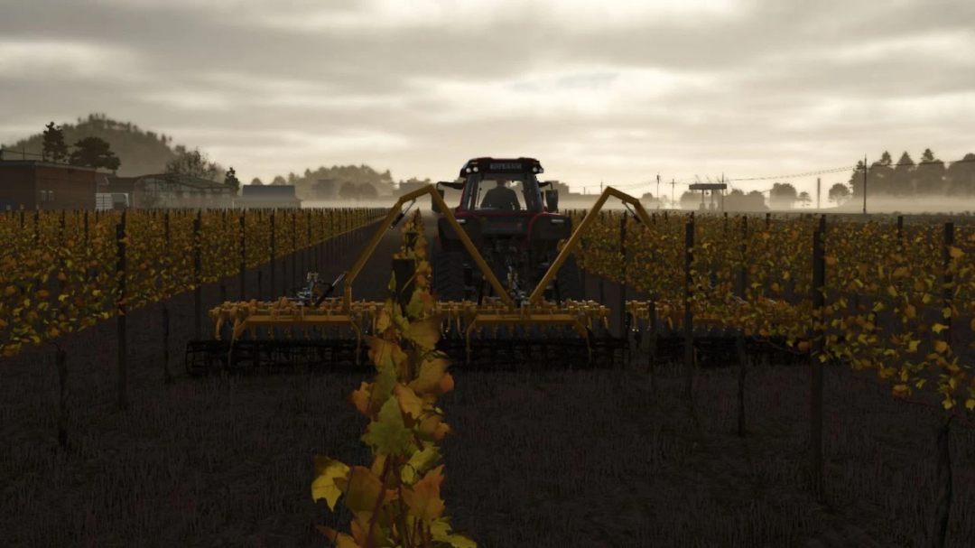 Farming Simulator 25 mod: tractor with Agrisem Disc O Vigne XXL harvesting grapes in a vineyard.