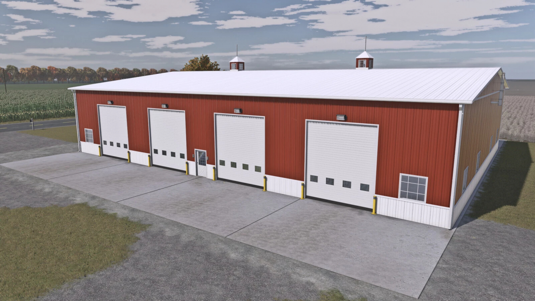 Farming Simulator 25 mod: American Midwest Truck Shop v1.0.0.1 building with large garage doors, red exterior, and surrounding concrete area.