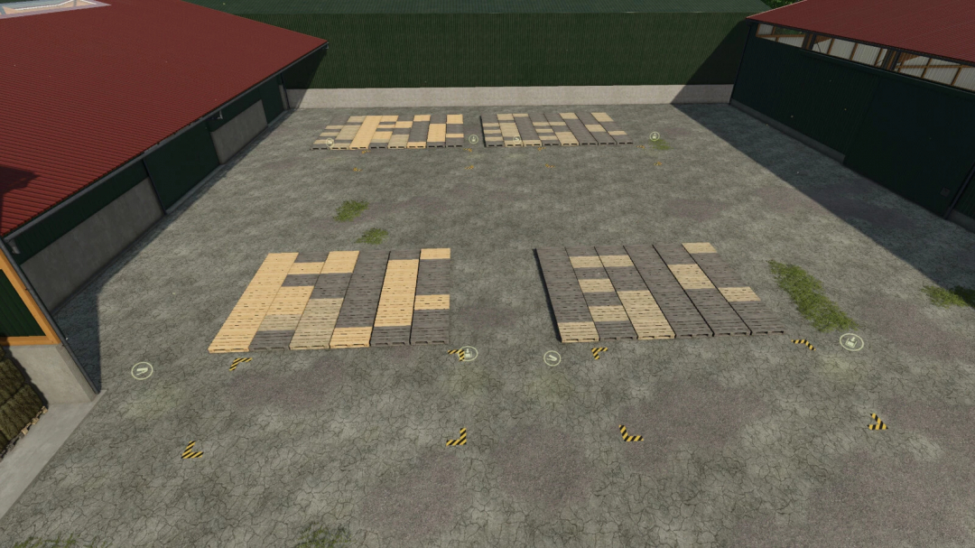 Farming Simulator 25 mod showcasing bale storage areas made of wooden pallets for efficient hay or straw storage.