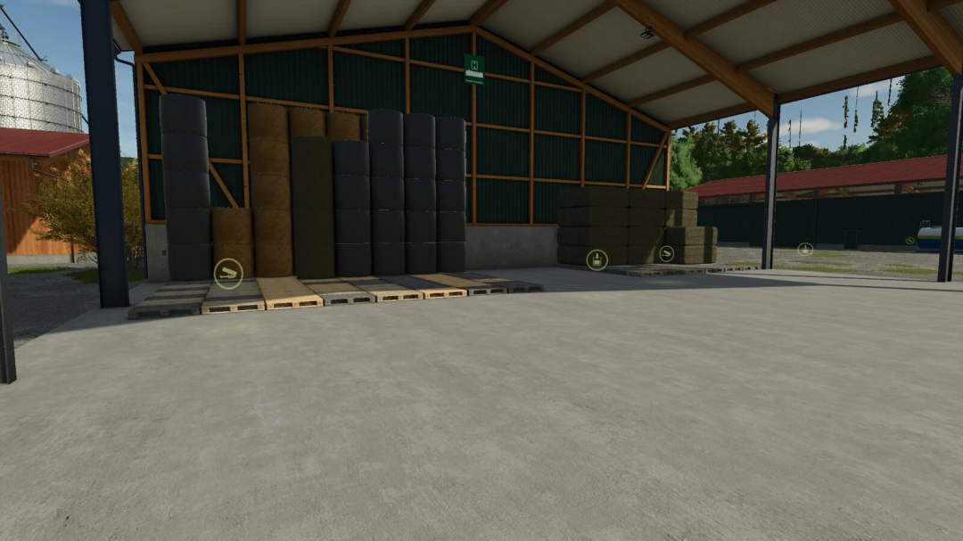 Farming Simulator 25 mods: Bale Storage v1.0.0.0 with stacked bales and pallets in a farm building.