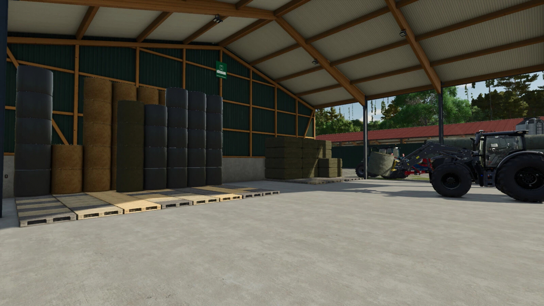 Farming Simulator 25 mods: storage shed with hay bales and round straw bales, and a tractor lifting a bale inside the barn.