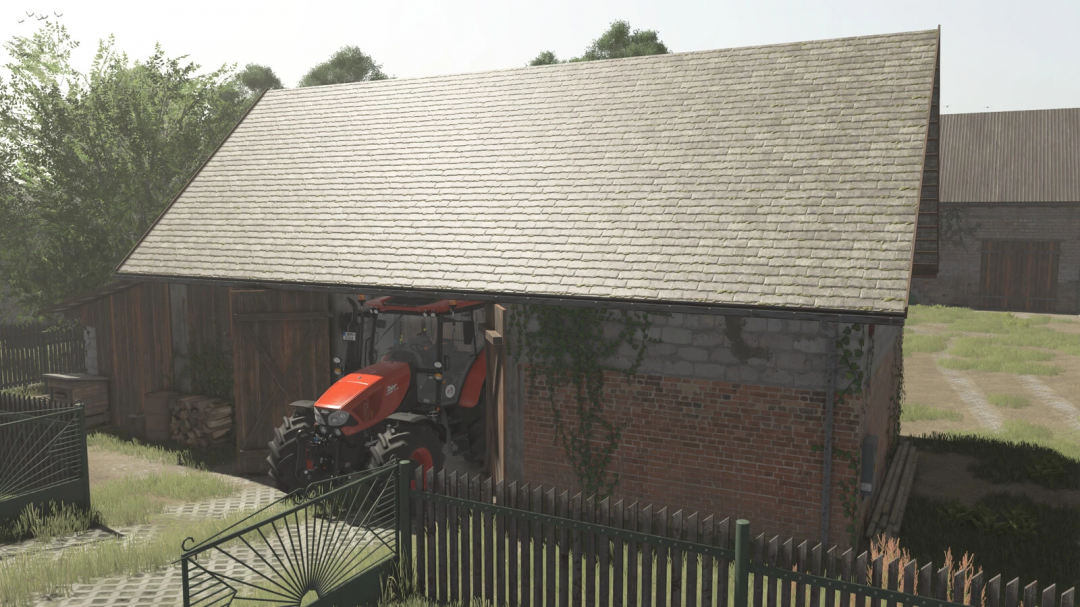 Barn v1.0.0.1 mod from Farming Simulator 25 with a tractor parked inside, featuring wooden doors and stone brick walls, ideal for FS25 mods.