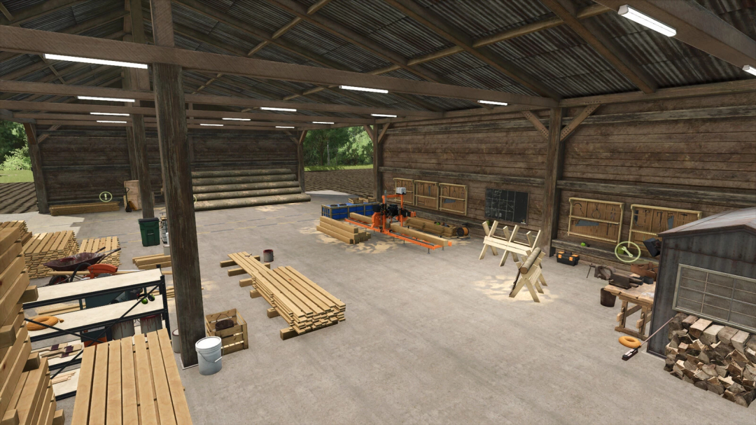 Farming Simulator 25 mod scene with woodworking tools, lumber, and storage, showcasing Carpenter Old Pallets And Bale Storage v1.0.0.0.