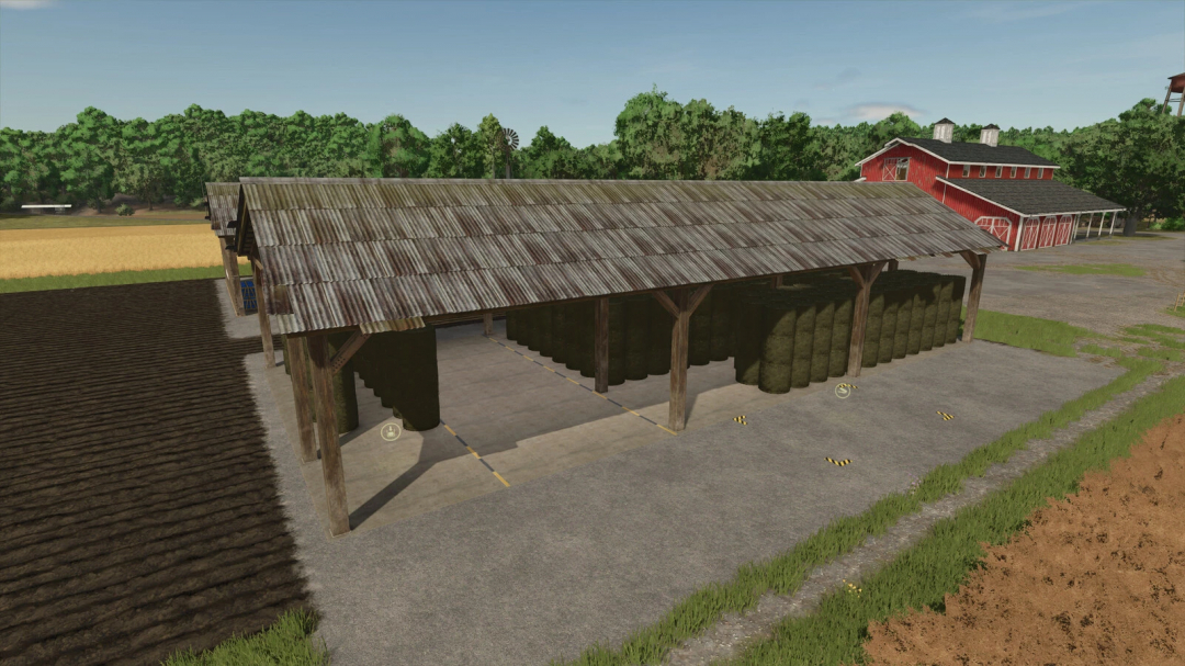 Farming Simulator 25 mod scene showing a barn with old pallets and bale storage for FS25 mods.