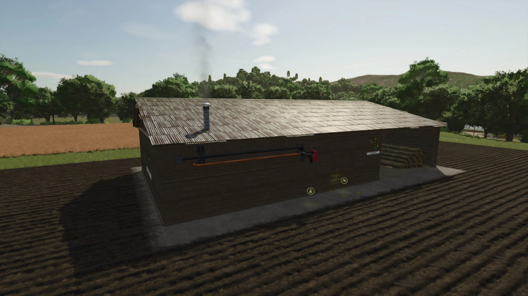Farming Simulator 25 mod: Carpenter Old Pallets And Bale Storage v1.0.0.0, a wooden barn with pallets and bale storage, assembled on a farm field.