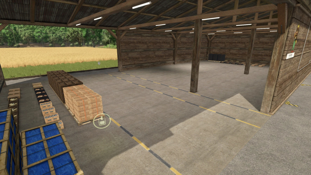 Indoor storage shed in Farming Simulator 25 with pallets and bales, showcasing the Carpenter Old Pallets And Bale Storage v1.0.0.0 mod for FS25.