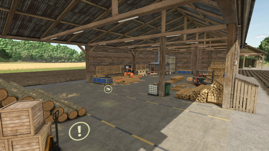 Farming Simulator 25 mod scene showing a wooden storage shed with pallets, logs, and farming equipment for Carpenter Old Pallets And Bale Storage v1.0.0.0.