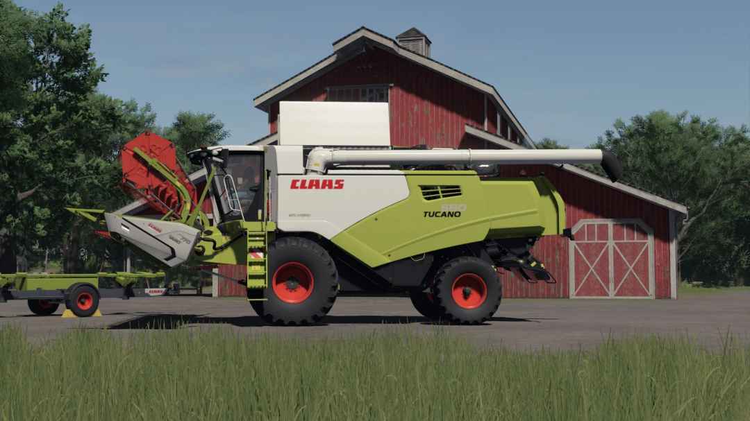 Claas Tucano 580 harvesters mod for Farming Simulator 25, parked outside a barn, detailed with green and white design.