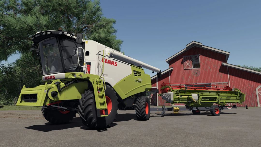 Claas Tucano 580 v1.0.0.0 combine harvester mod in Farming Simulator 25, parked near a red barn with farming equipment.