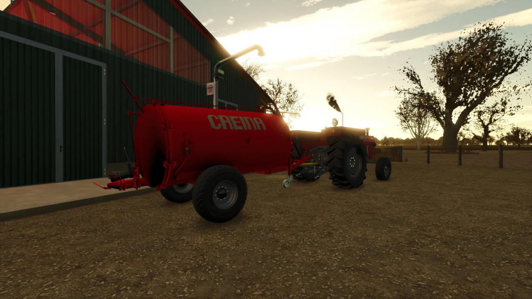 Farming Simulator 25 mods: Red Creina 3200 slurry tank attached to a tractor, parked near a barn during sunset.