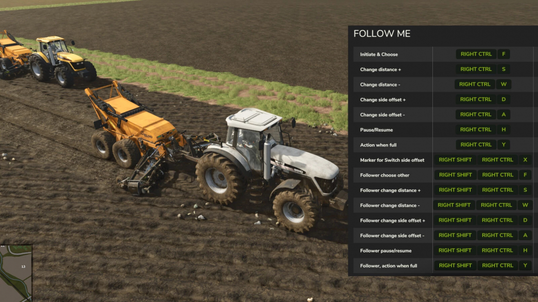 Farming Simulator 25 mod 'Follow Me v1.1.0.0', showing a tractor with a follower vehicle and control instructions on the side panel.