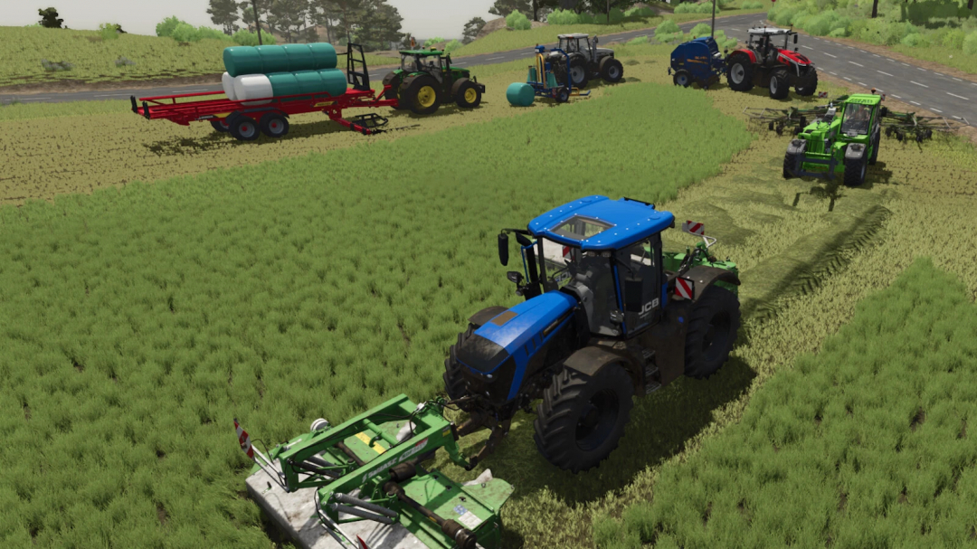 Farming Simulator 25 mod scene showing multiple tractors with various equipment, including Follow Me v1.1.0.0, working in a green field.