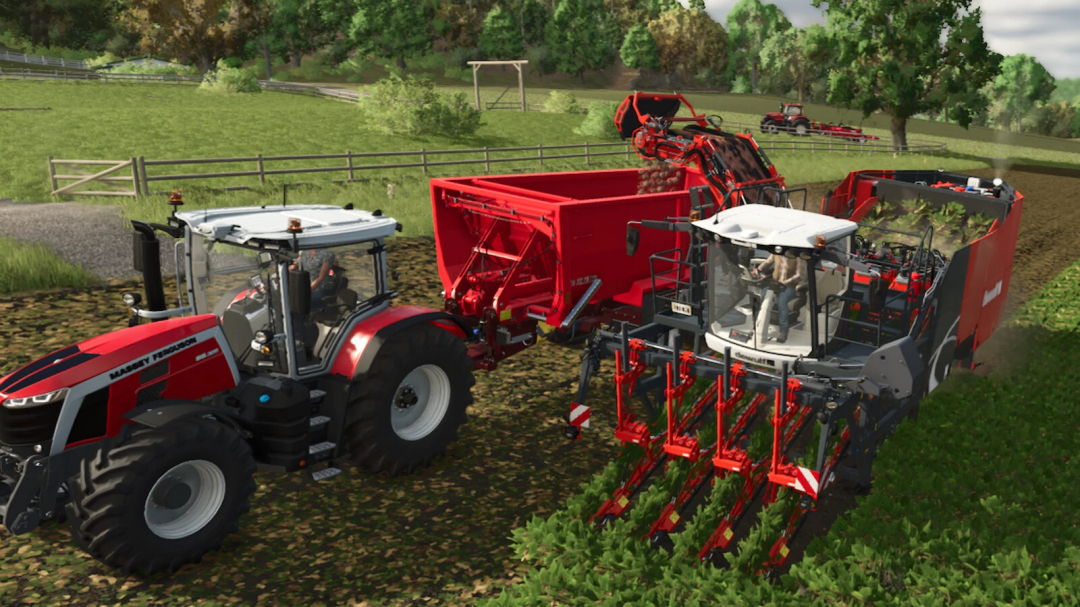 Farming Simulator 25 mod: Follow Me v1.1.0.0 involved tractor towing a large harvester in a lush field, showcasing highly detailed agricultural equipment.