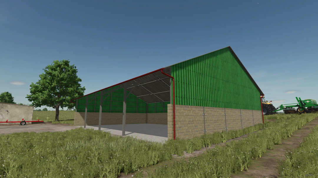 Green Farming Simulator 25 mod building, a barn with green metal panels and brick lower walls, part of FS25 mods.