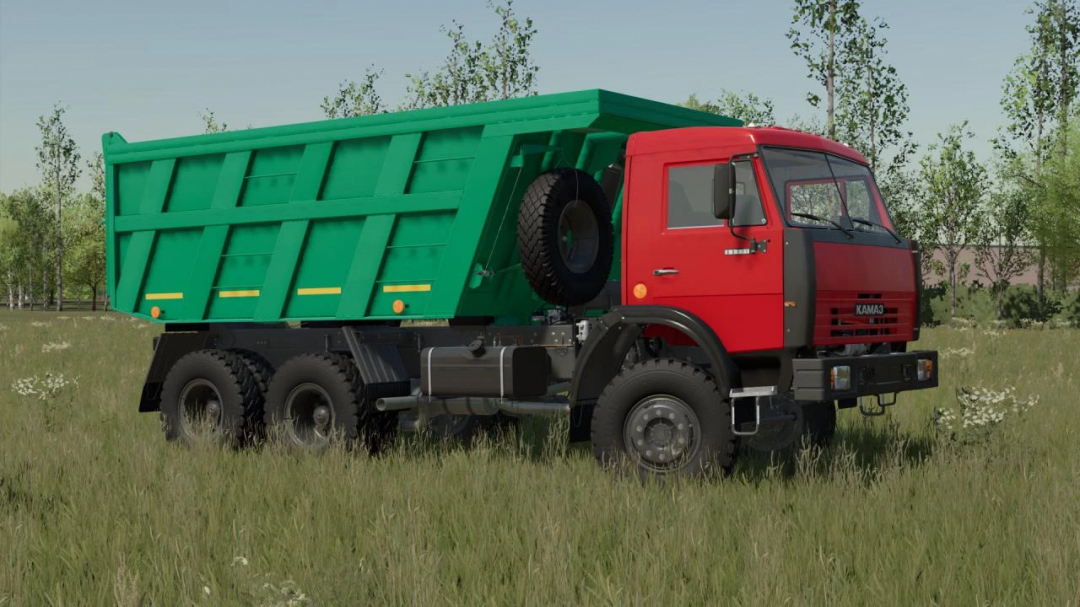 Farming Simulator 22 mods: KamAZ-65111N-53228 truck with green cargo bed, detailed realistic vehicle in a field setting.