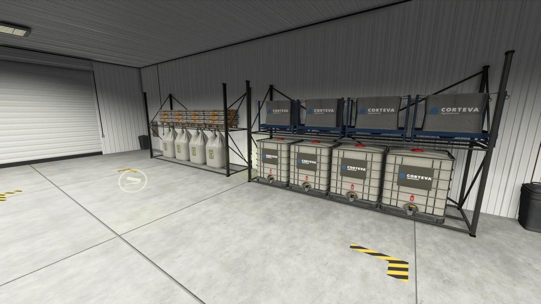 Farming Simulator 25 mod: Living Shed v1.0.0.0 with storage racks for crops and liquids in a garage or farm building.