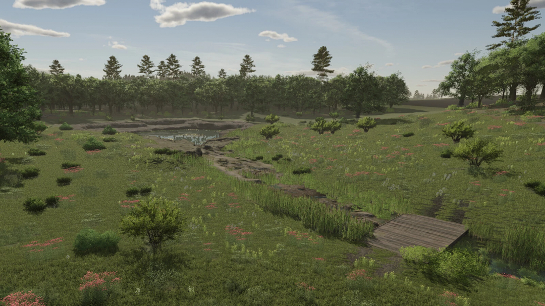 Farming Simulator 25 mod landscape with a small pond, trees, green grass, and a wooden bridge, featuring the New Hope v1.0.0.1 mod.
