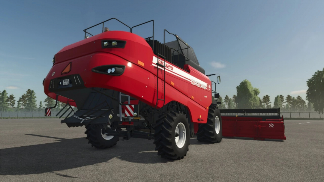 FS25 mod, red GUMSELE GS3219 grain reaper pack in Farming Simulator 25, used for harvesting grains.
