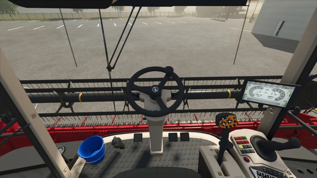 Interior view of Farming Simulator 25 mod with Palesse GS3219 and ZhSK grain reaper pack, showing steering wheel, monitor, and controls.