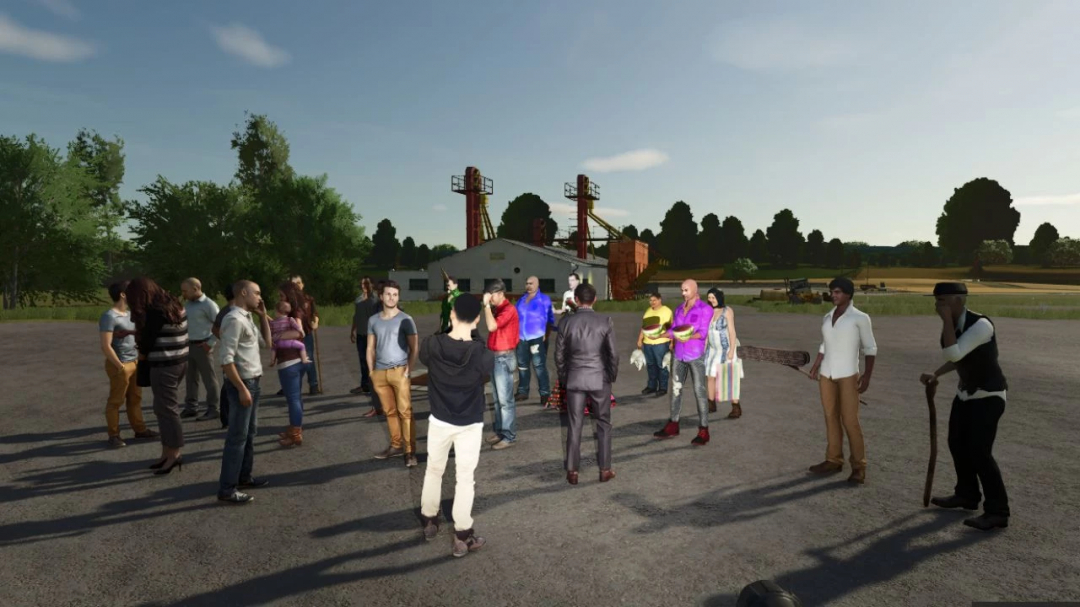 Farmers Simulator 25 mods: Placeable People Pack v1.0.0.0 showing diverse virtual characters gathered outdoors.