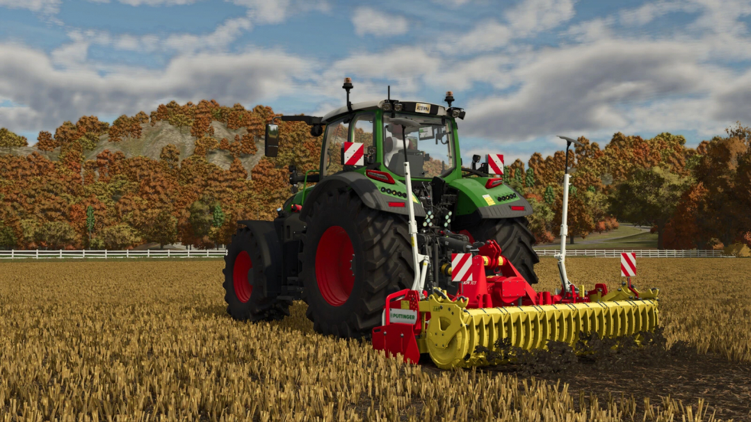 Farming Simulator 25 mod: Pöttinger Aerosem 3002/Lion303 on a farm field, used for soil cultivation and tillage.