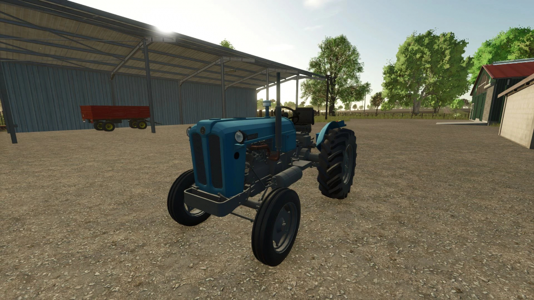 Farming Simulator 25 mod: blue Rakovica 60 tractor on farm background with shed and trees, ideal for FS25 mods and Farming Simulator 25 mods.