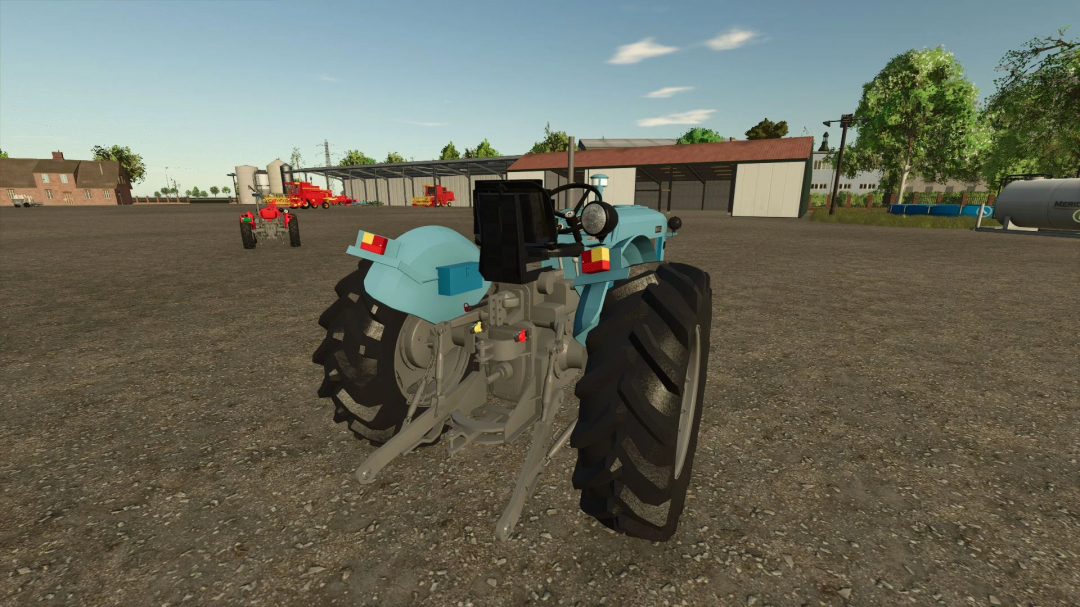 Farming Simulator 25 mod: Rakovica 60 v1.0.0.1 tractor on farmyard with buildings and equipment in the background.