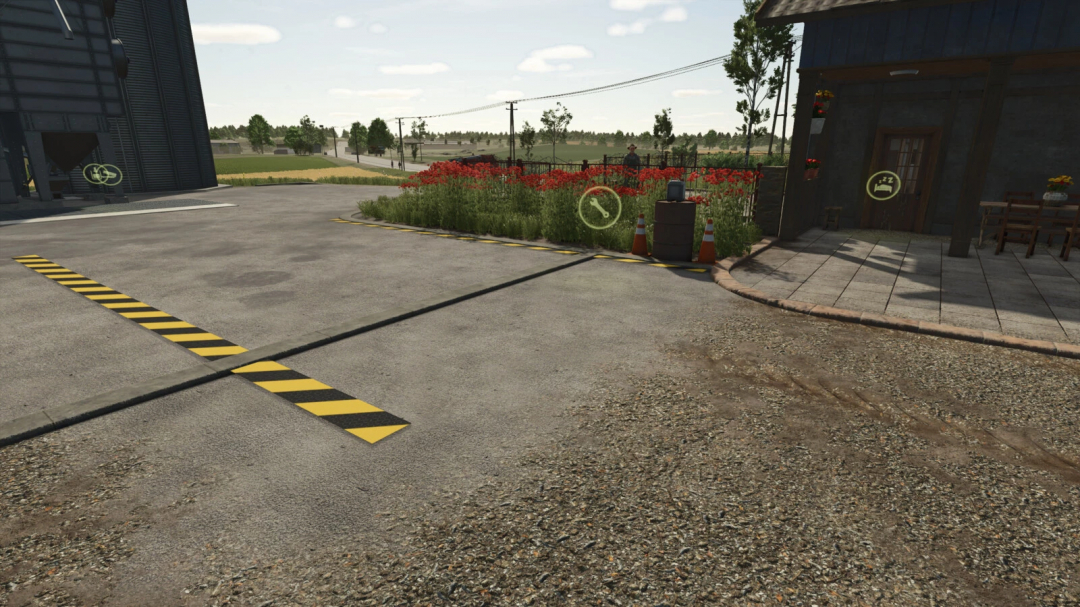 Farming Simulator 25 mod scene showing a repair station with a construction area and garden outside.
