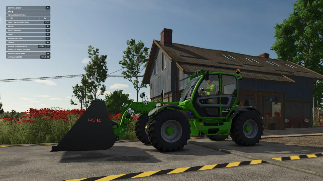 Farming Simulator 25 mod: Green Magsi front loader tractor with a mounted attachment parked outside a house.